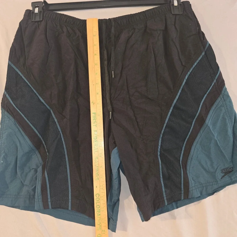 Speedo Swim‎ Trunks Large Mens Black Teal Mesh Panel Colorblock Board Shorts